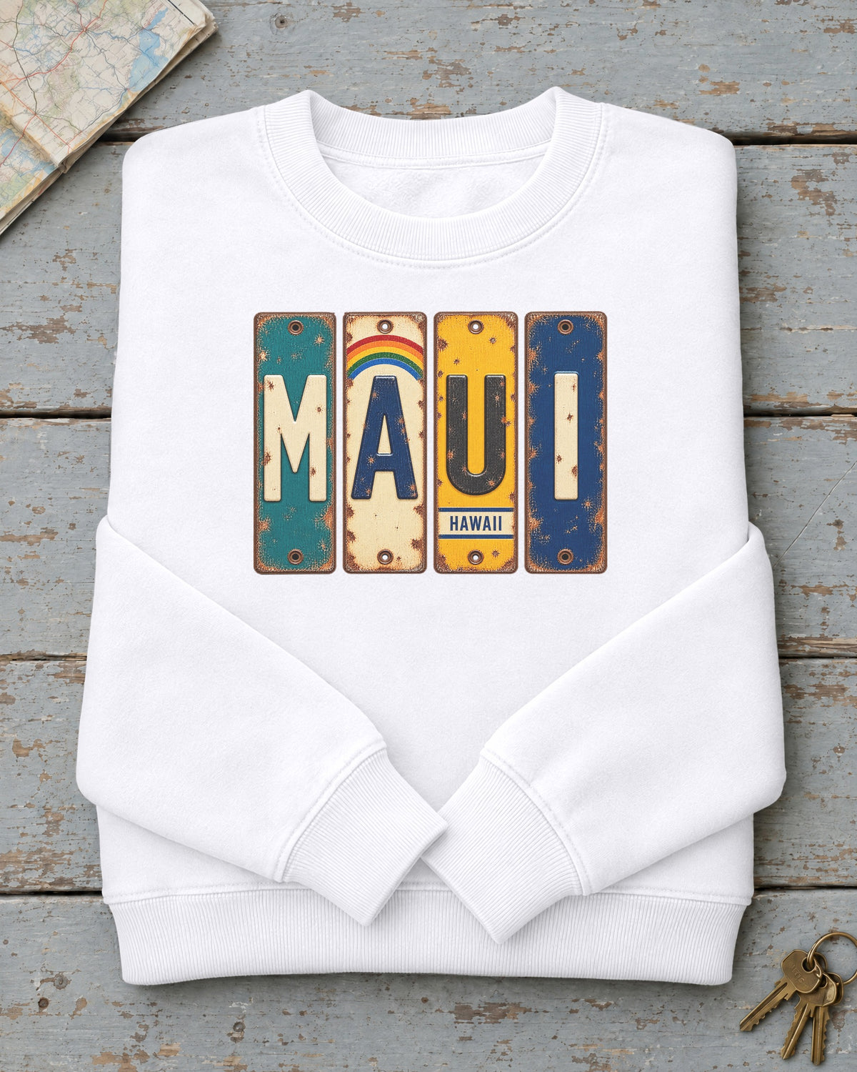 Maui, Hawaii vintage license plate sweatshirt in White