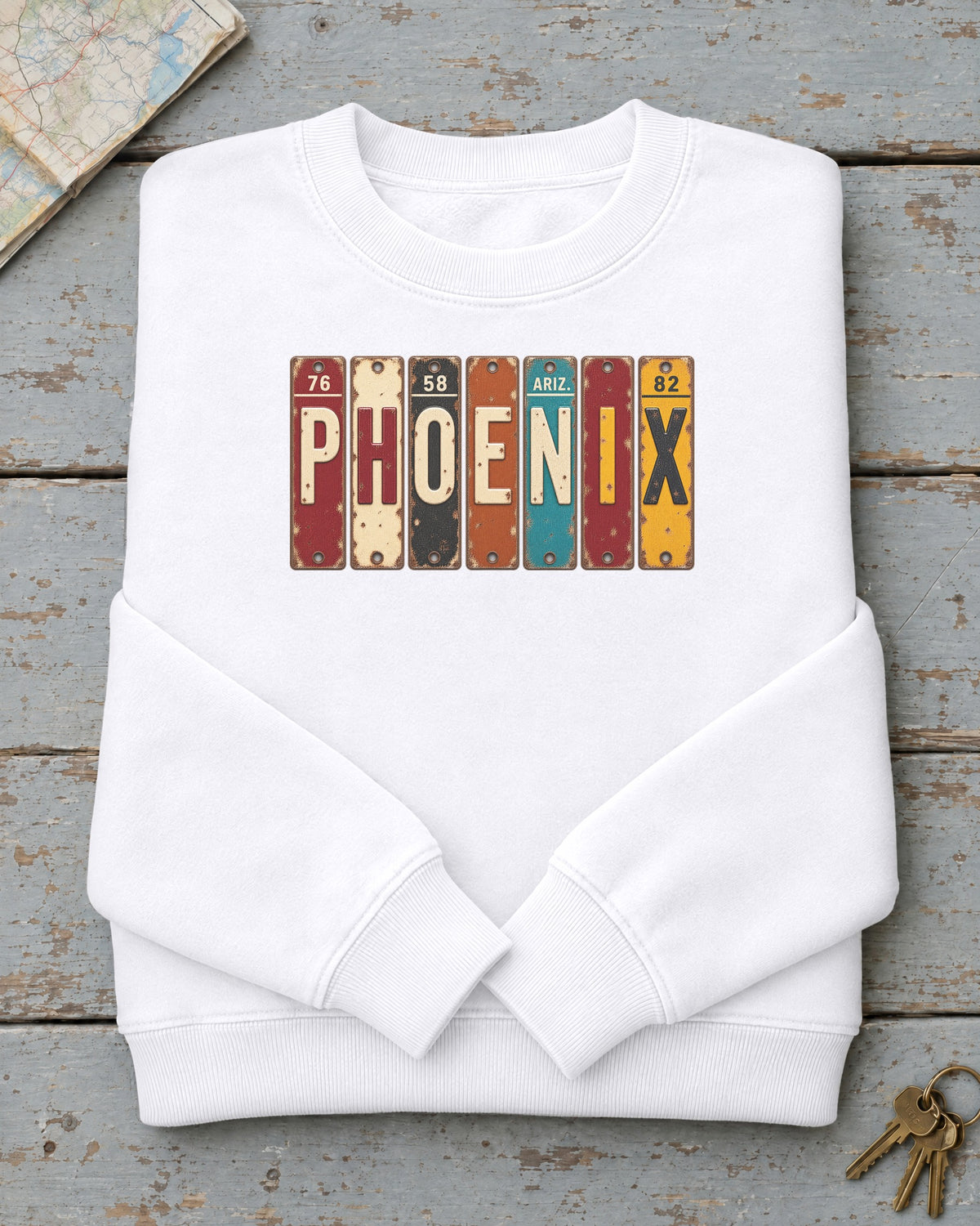Phoenix, Arizona vintage license plate sweatshirt in White