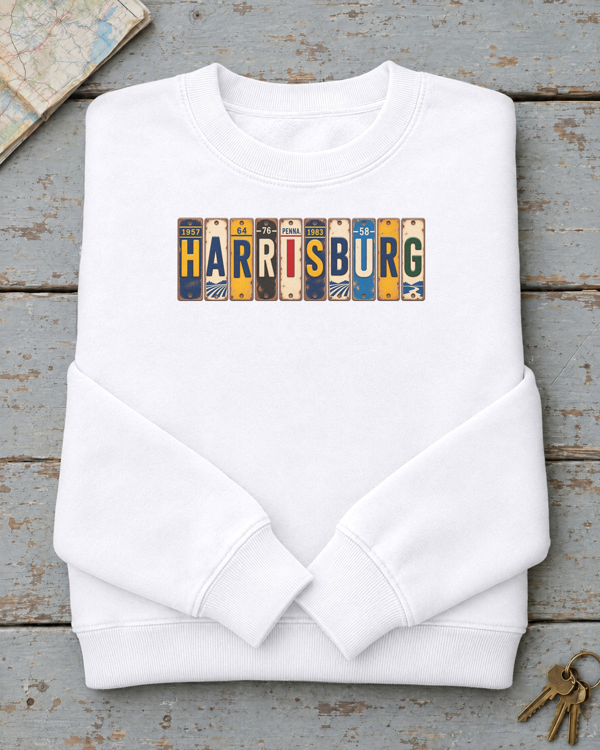 Harrisburg, Pennsylvania vintage license plate sweatshirt in White