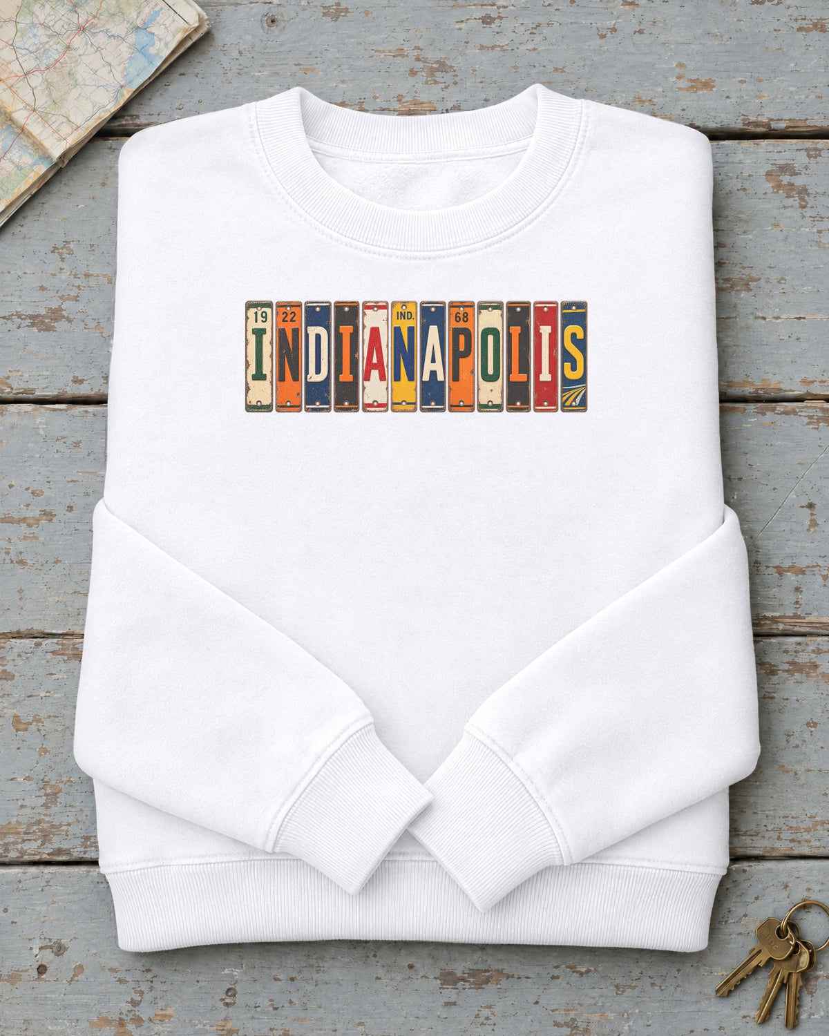 Indianapolis, Indiana vintage license plate sweatshirt in White