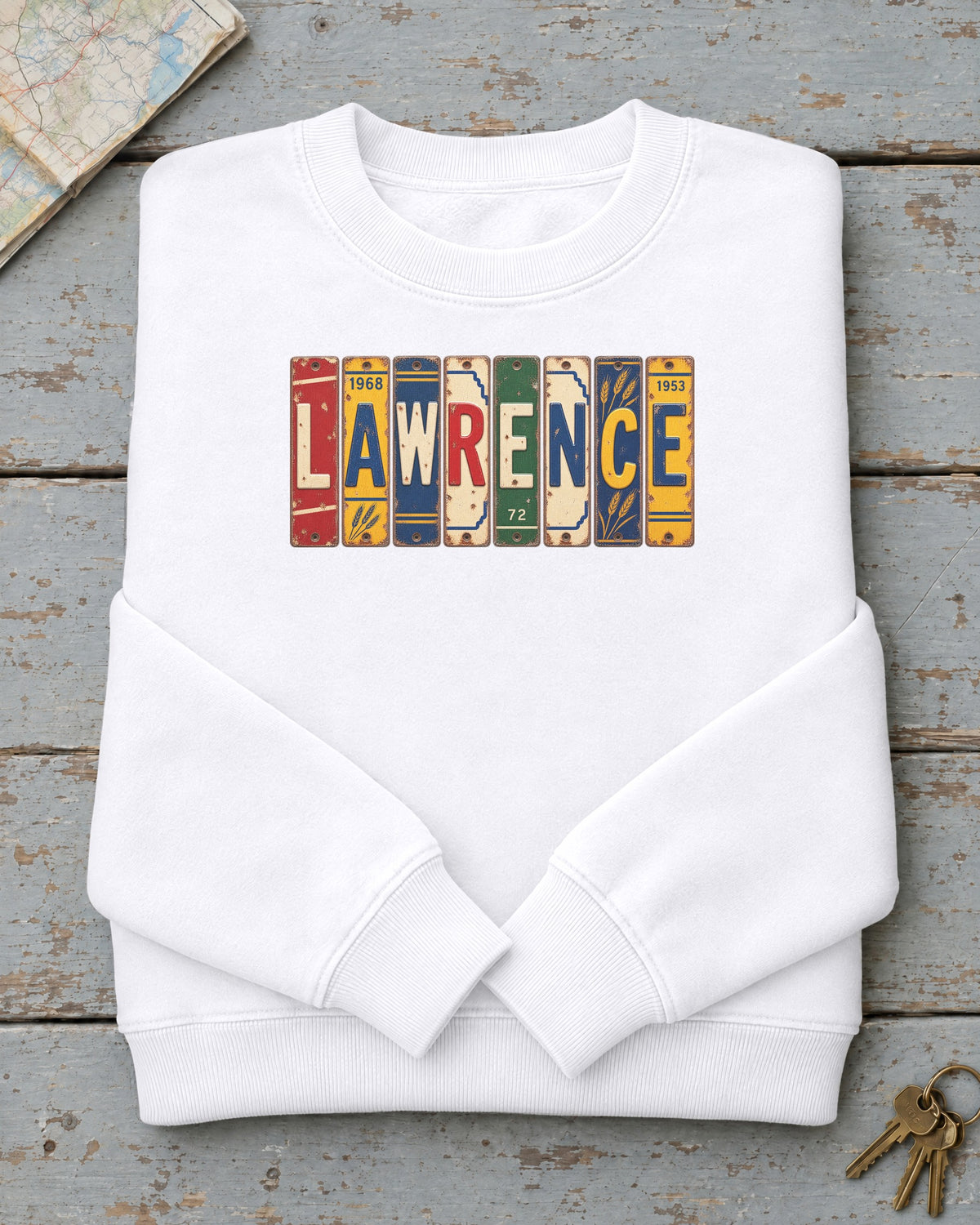 Lawrence, Kansas vintage license plate sweatshirt in White