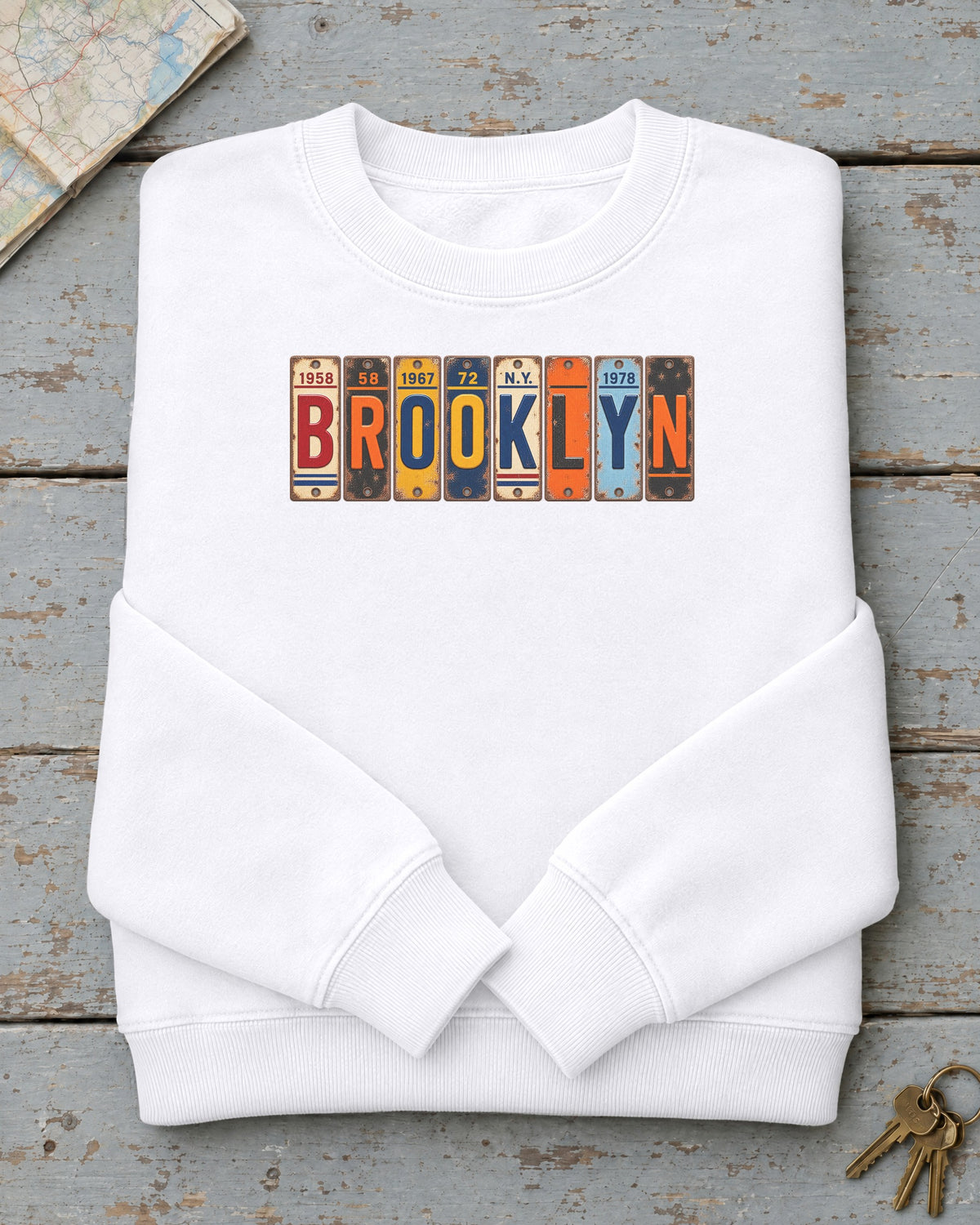 Brooklyn, New York vintage license plate sweatshirt in White