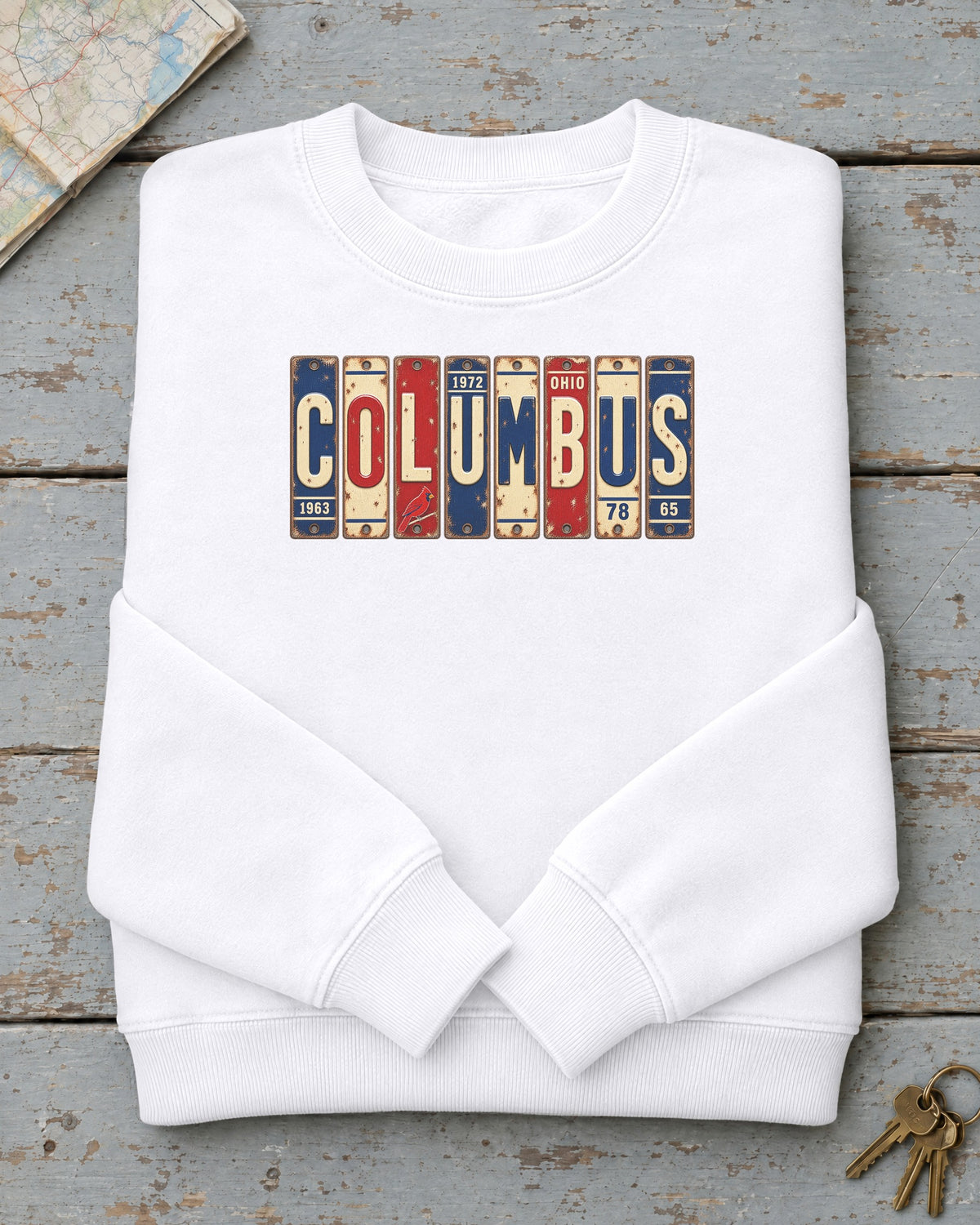 Columbus, Ohio vintage license plate sweatshirt in White