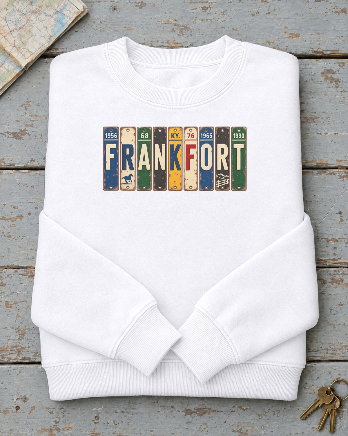 Frankfort, Kentucky vintage license plate sweatshirt in White