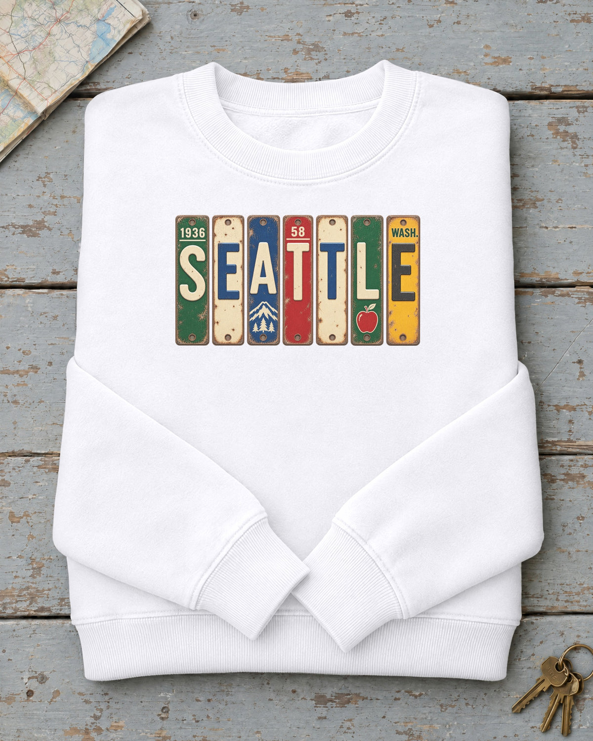 Seattle, Washington vintage license plate sweatshirt in White