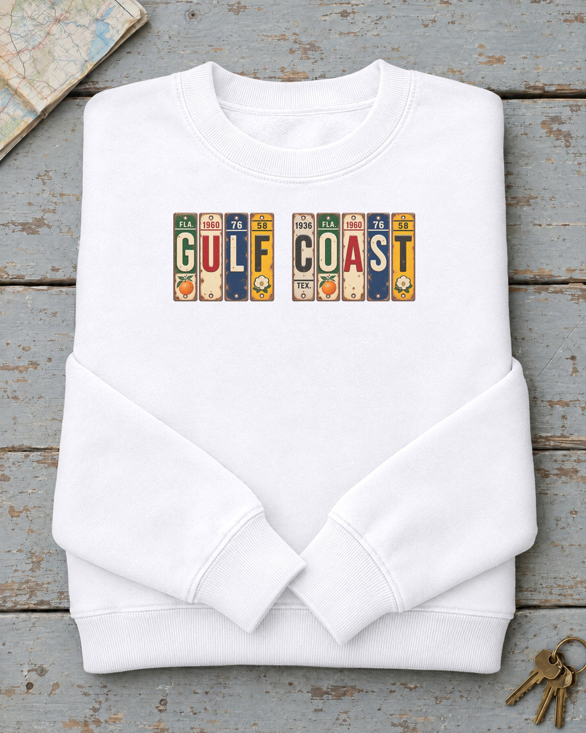 Gulf Coast vintage license plate sweatshirt in White