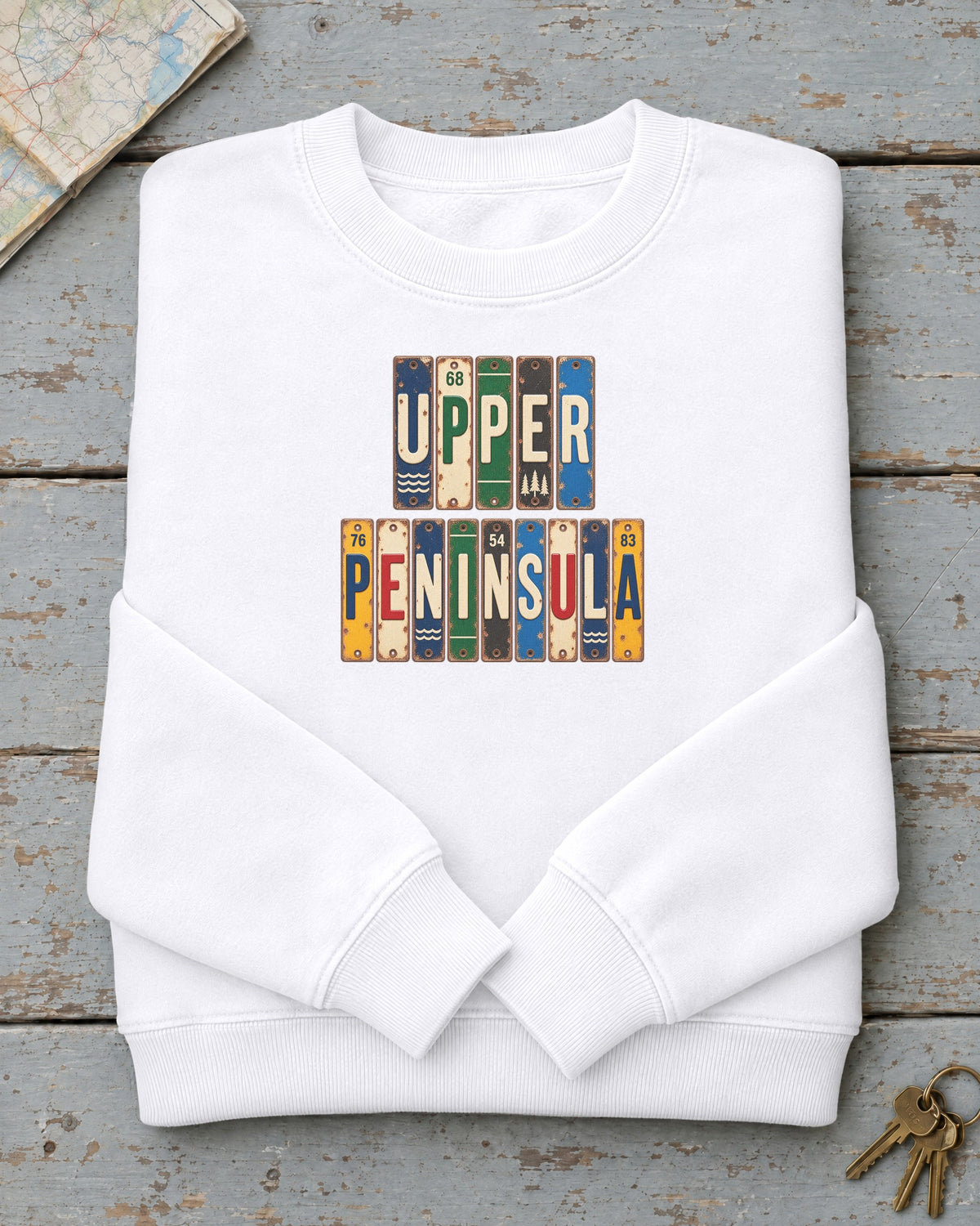 Upper Peninsula, Michigan vintage license plate sweatshirt in White
