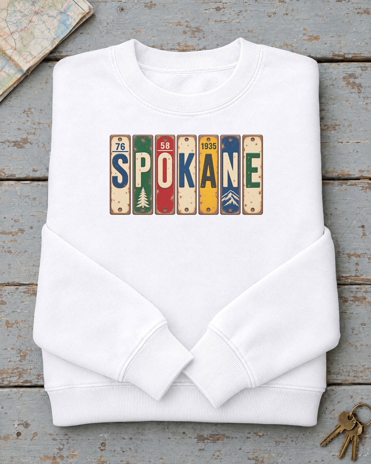 Spokane, Washington vintage license plate sweatshirt in White