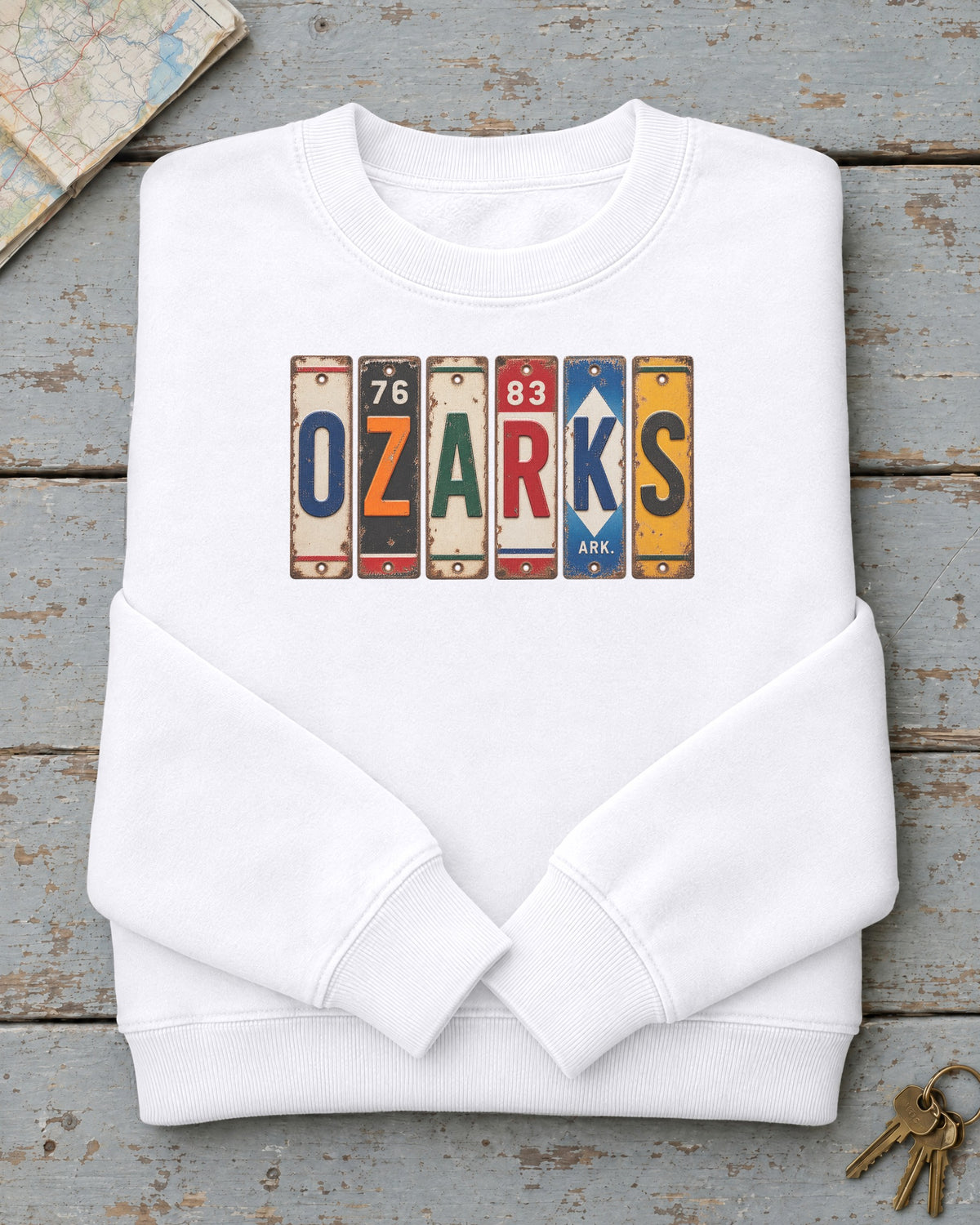 Ozarks, Arkansas vintage license plate sweatshirt in White