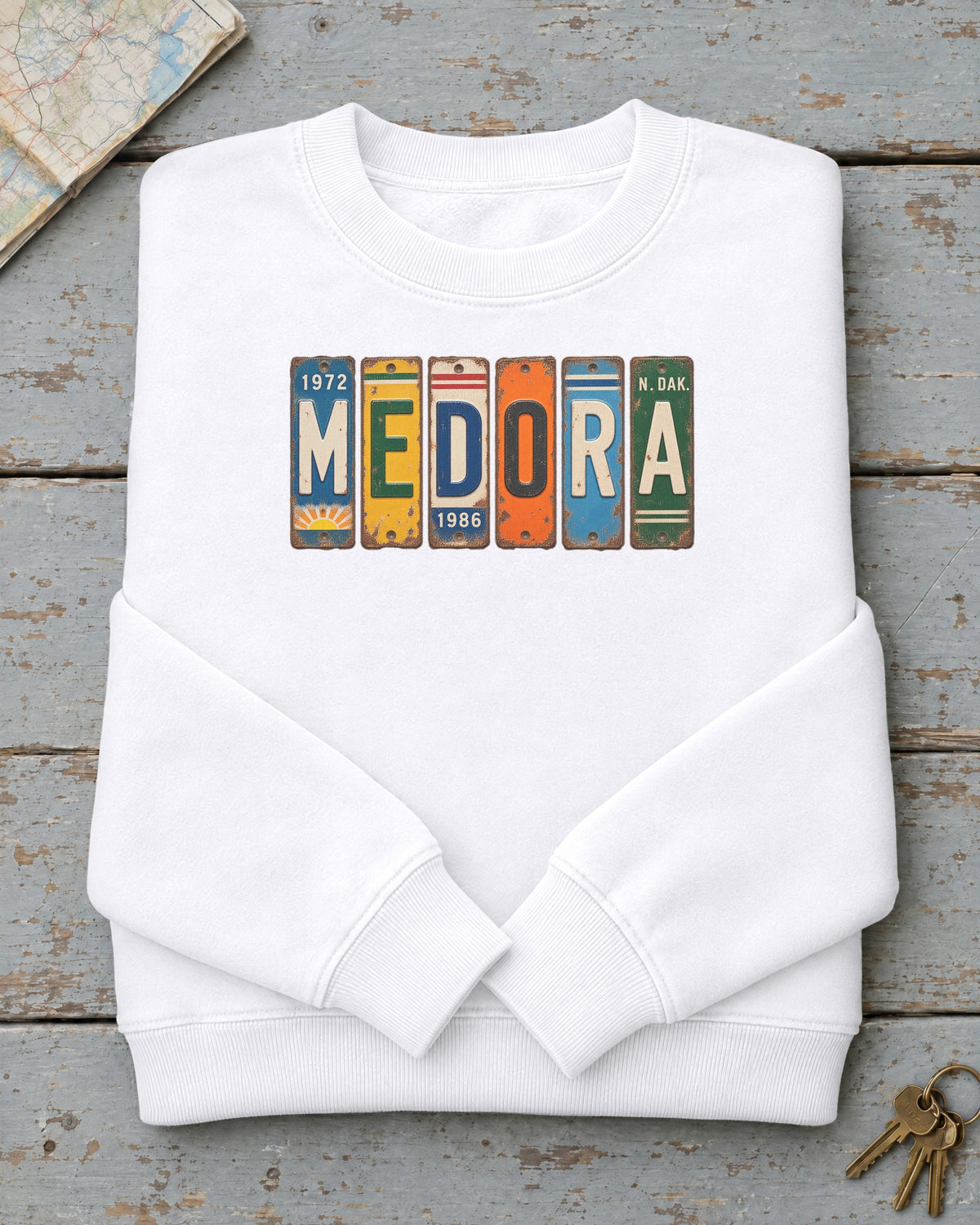 Medora, North Dakota vintage license plate sweatshirt in White
