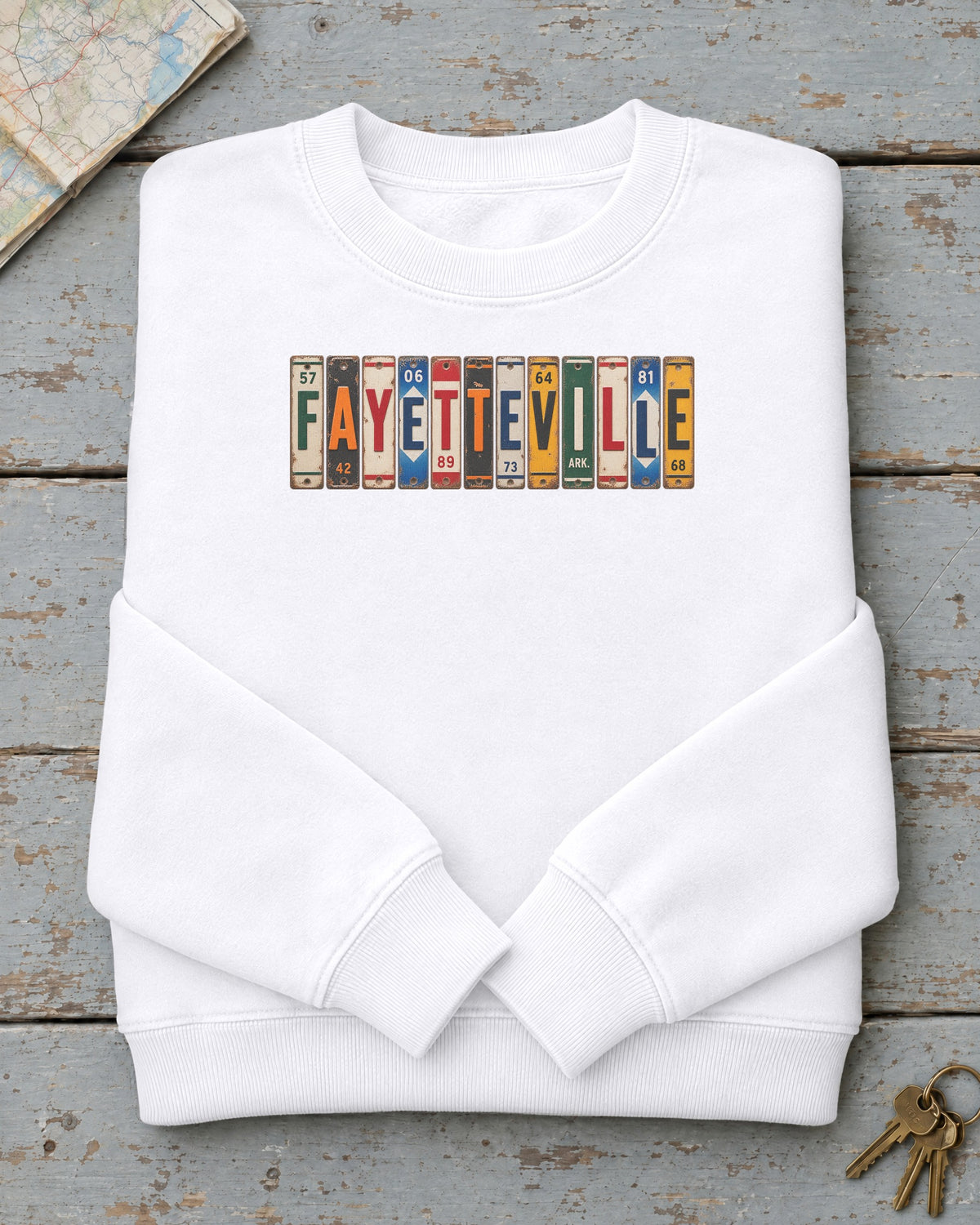 Fayetteville, Arkansas vintage license plate sweatshirt in White