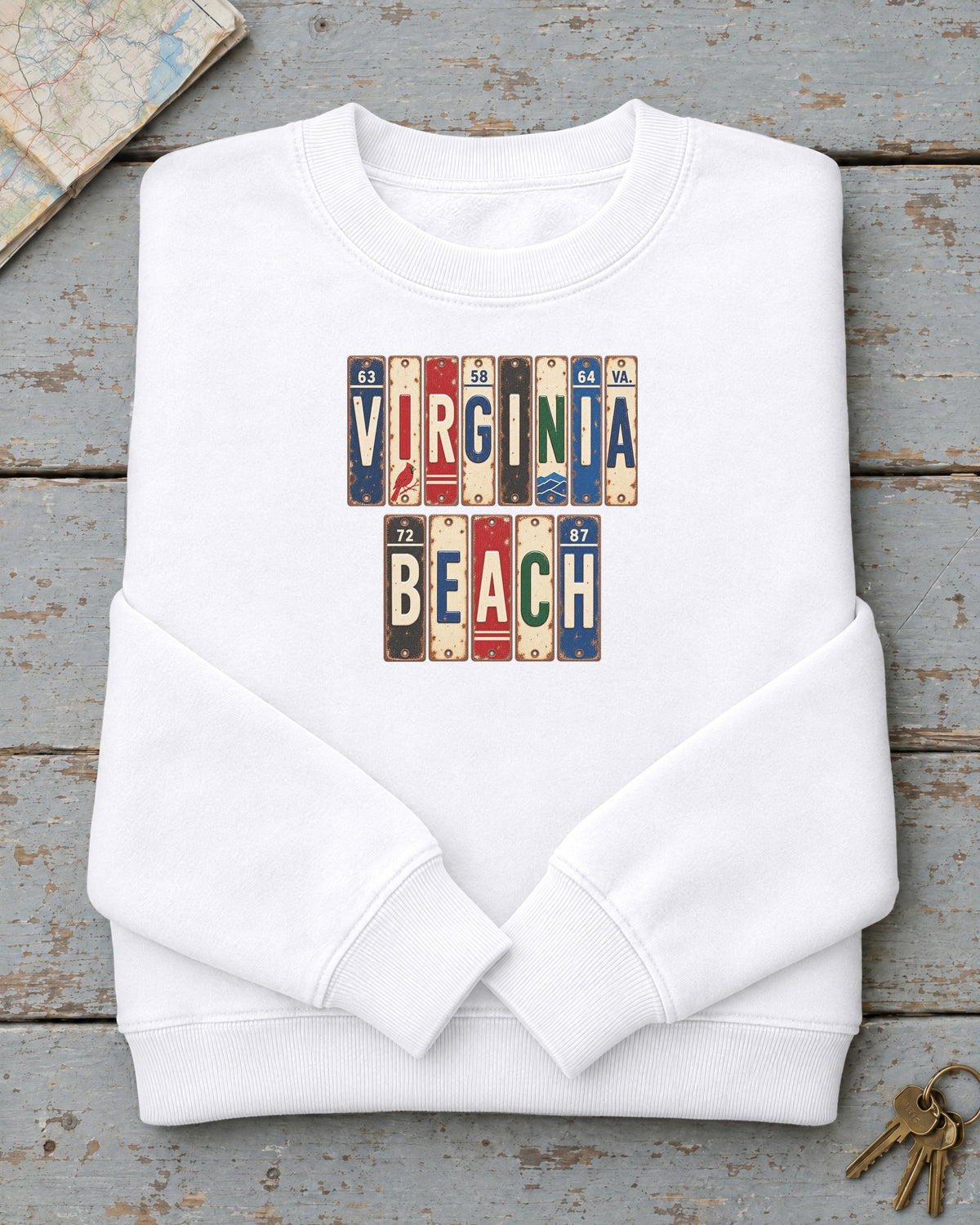 Virginia Beach, Virginia vintage license plate sweatshirt in White