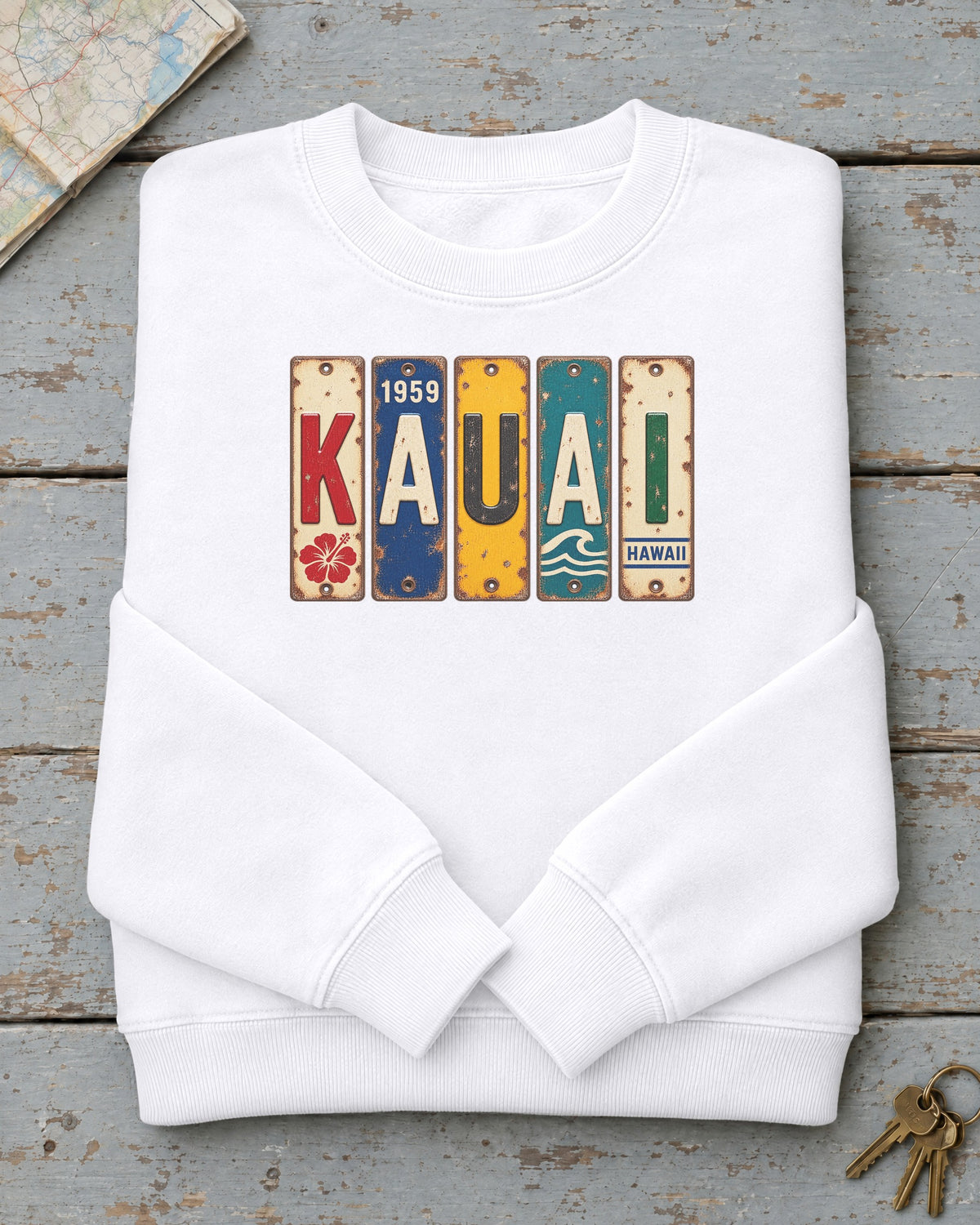 Kauai, Hawaii vintage license plate sweatshirt in White