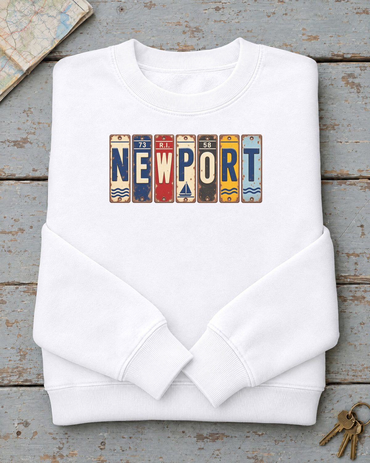 Newport, Rhode Island vintage license plate sweatshirt in White