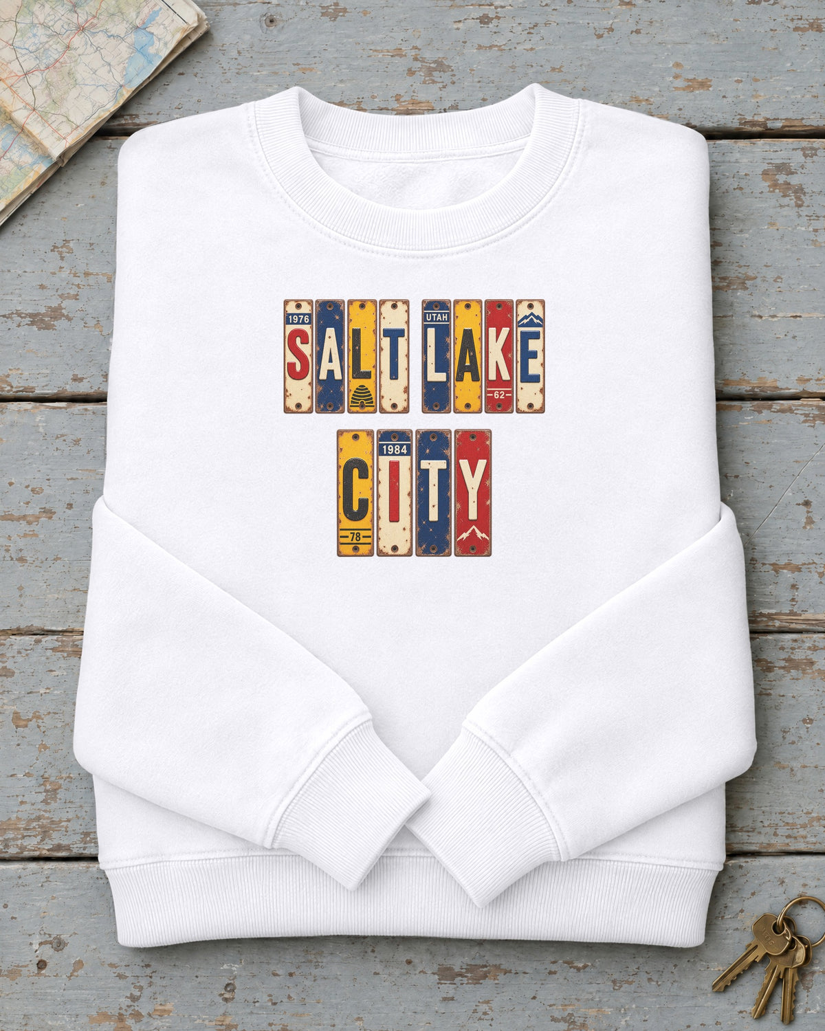 Salt Lake City, Utah vintage license plate sweatshirt in White