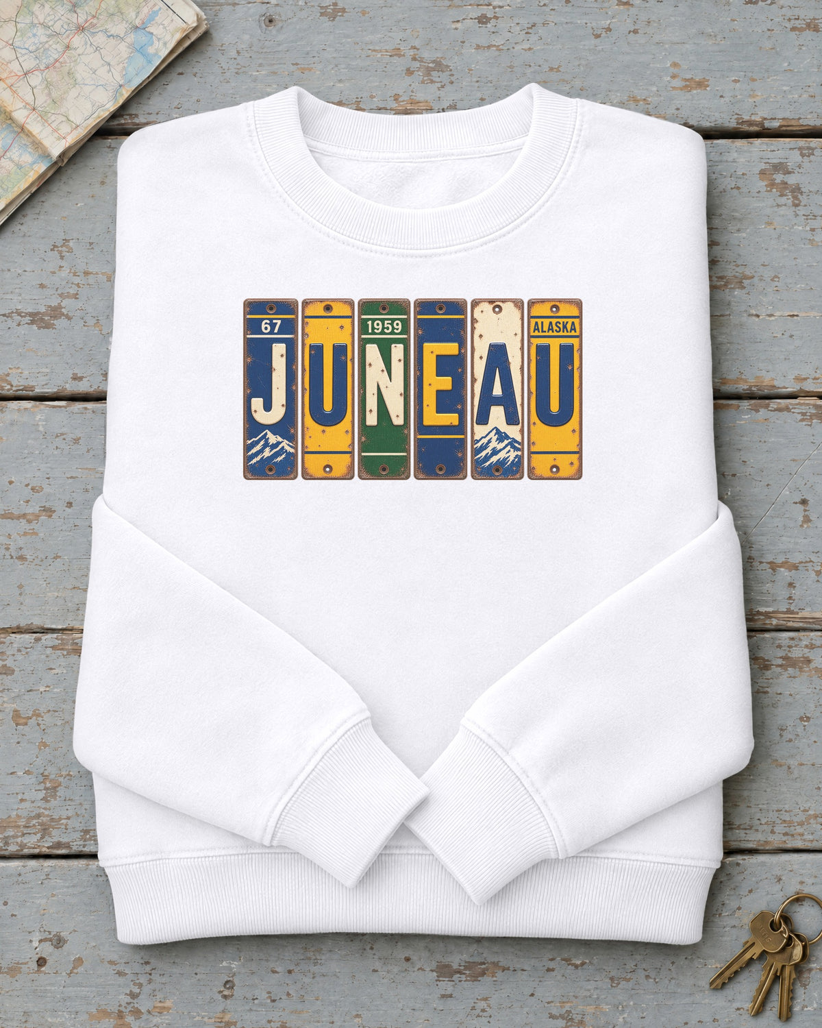 Juneau, Alaska vintage license plate sweatshirt in White