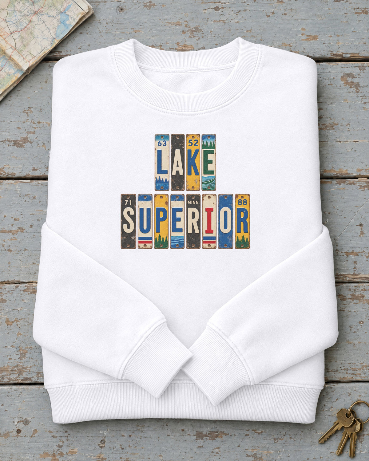 Lake Superior, Minnesota vintage license plate sweatshirt in White