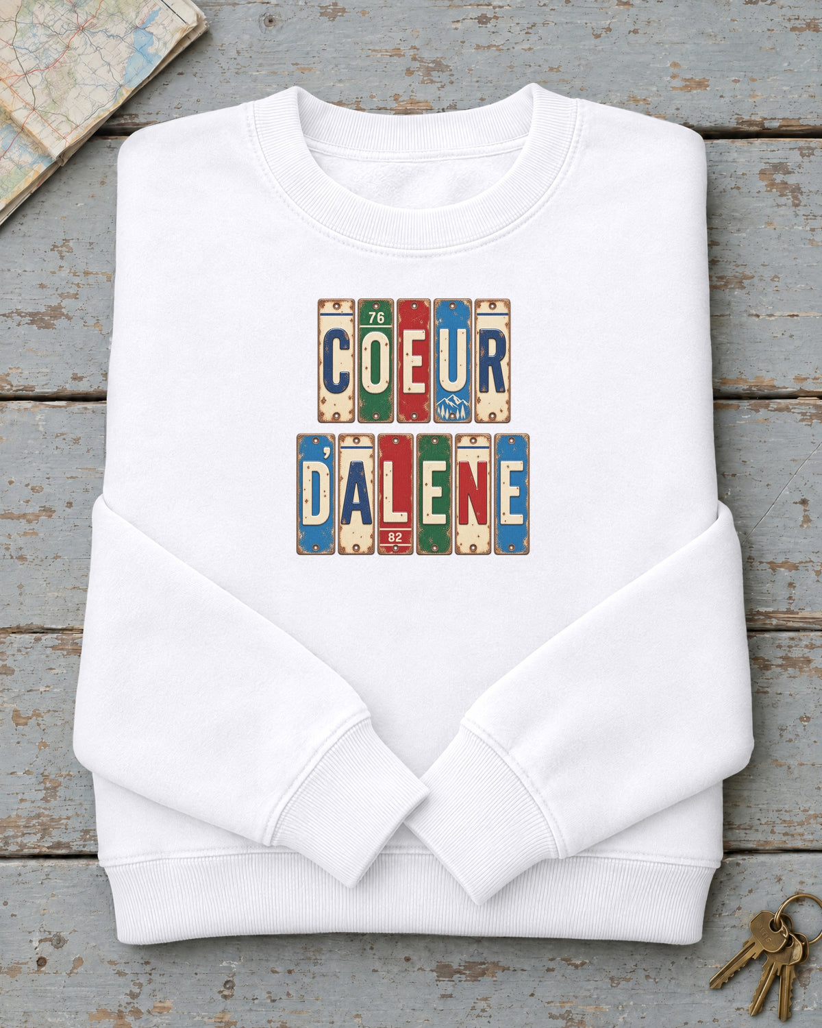 Coeur d'Alene, Idaho vintage license plate sweatshirt in White