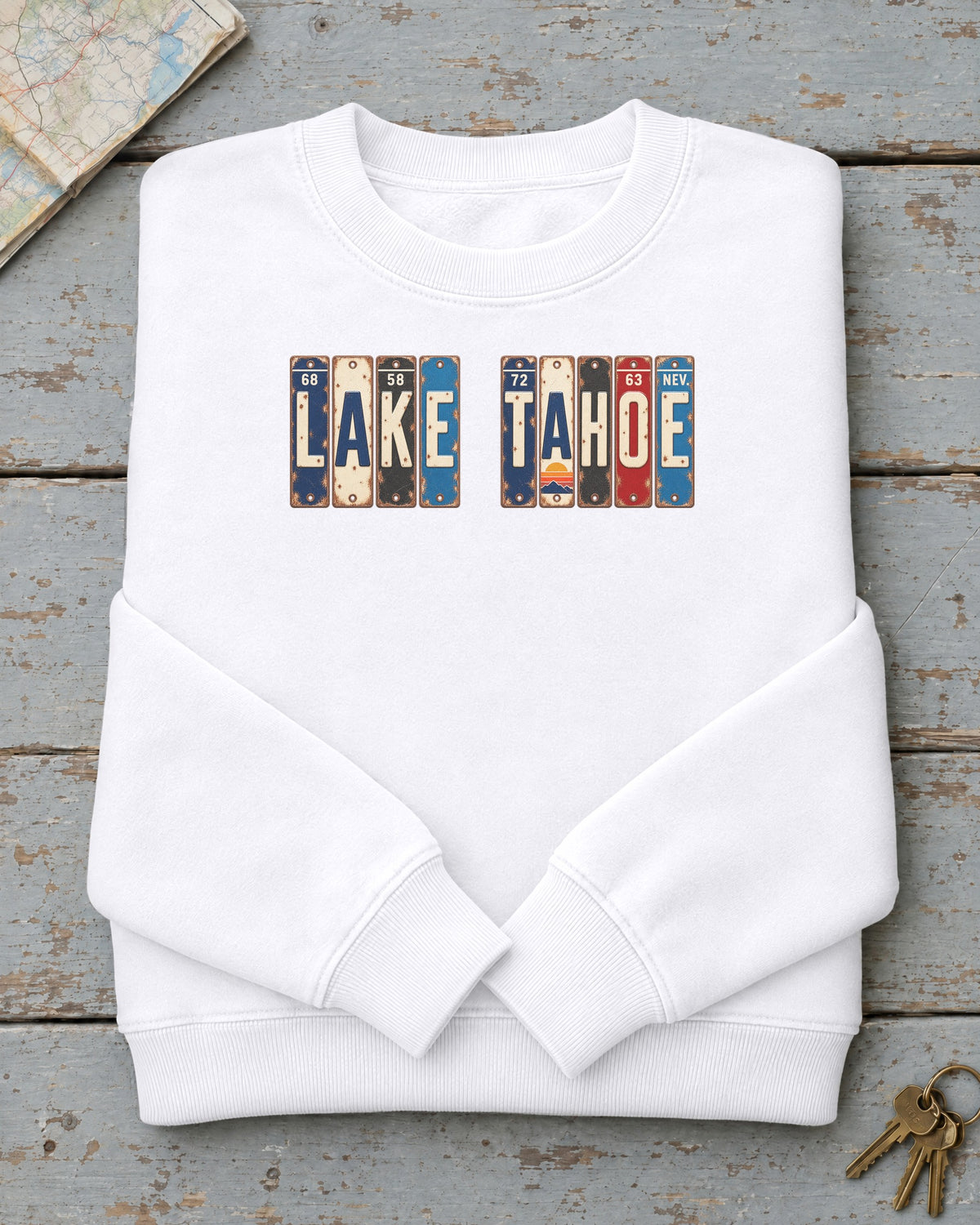 Lake Tahoe, Nevada vintage license plate sweatshirt in White
