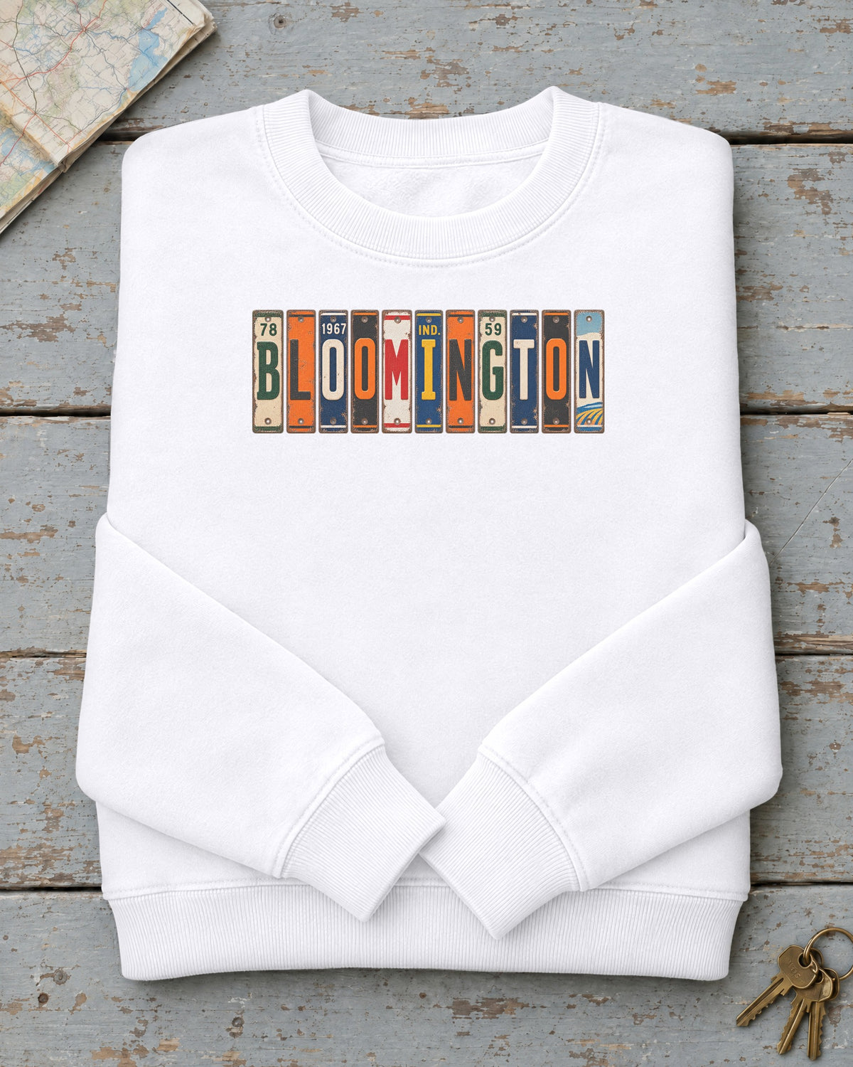 Bloomington, Indiana vintage license plate sweatshirt in White
