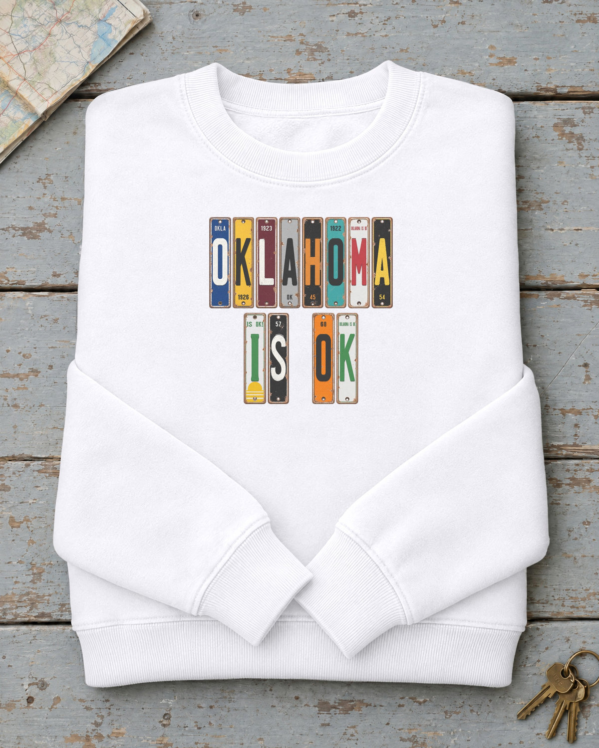 Oklahoma Is OK vintage license plate sweatshirt in White