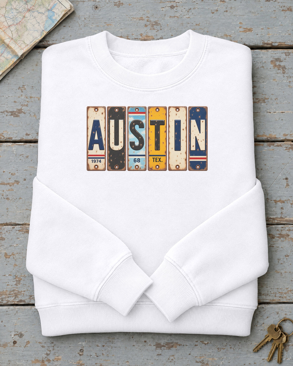 Austin, Texas vintage license plate sweatshirt in White