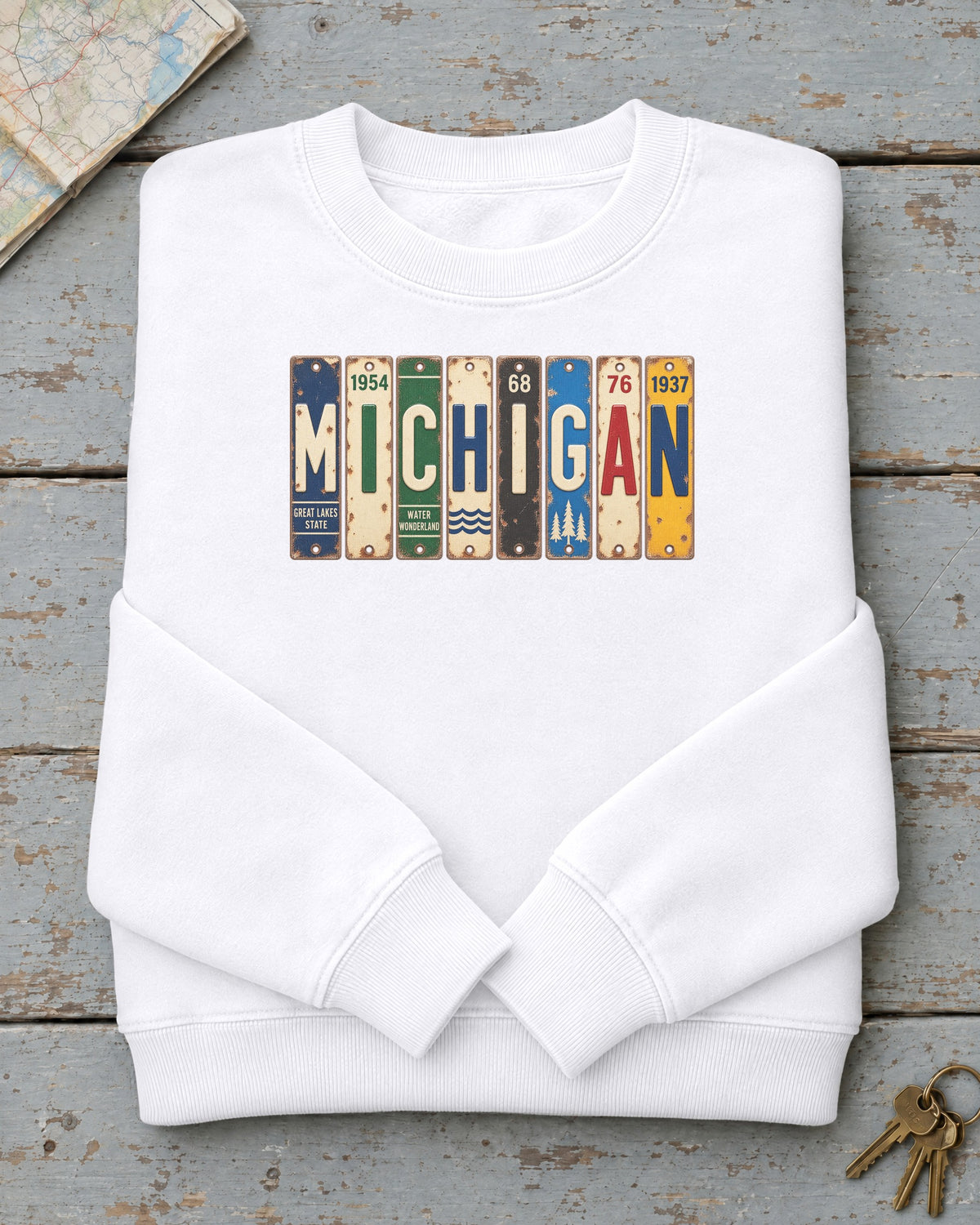 Michigan vintage license plate sweatshirt in White