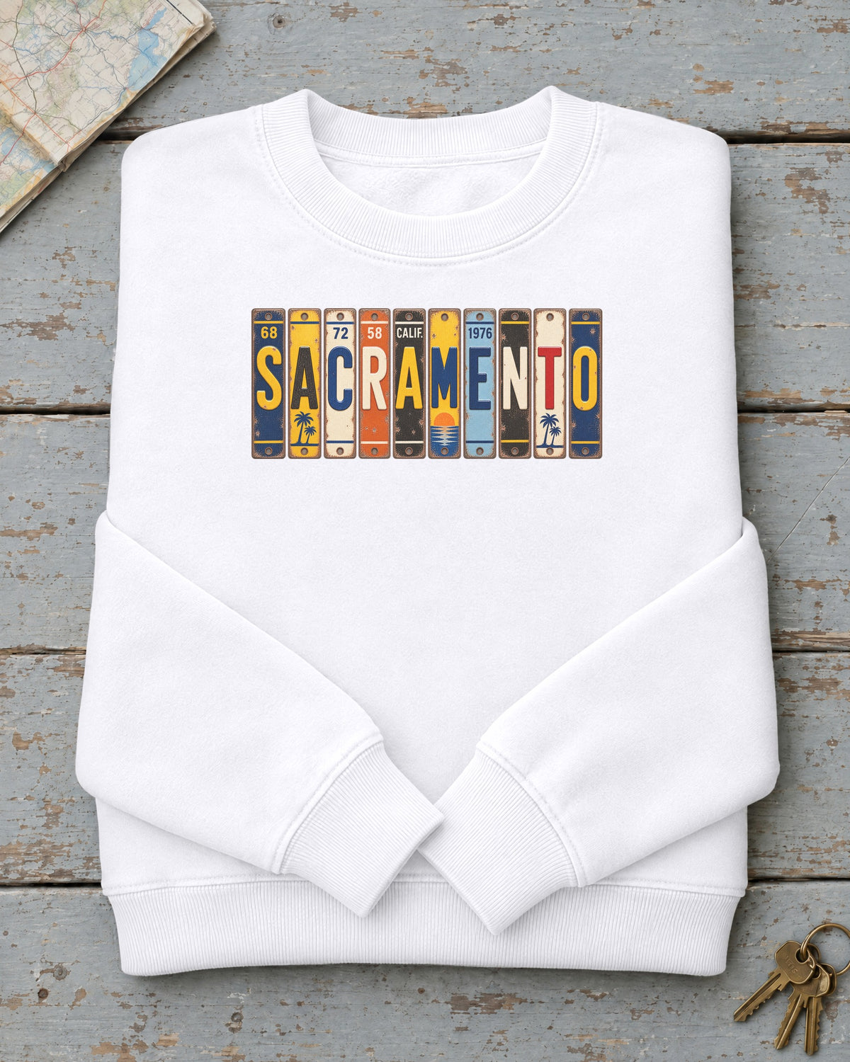 Sacramento, California vintage license plate sweatshirt in White