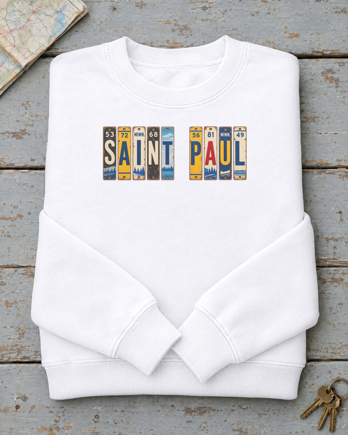 Saint Paul, Minnesota vintage license plate sweatshirt in White
