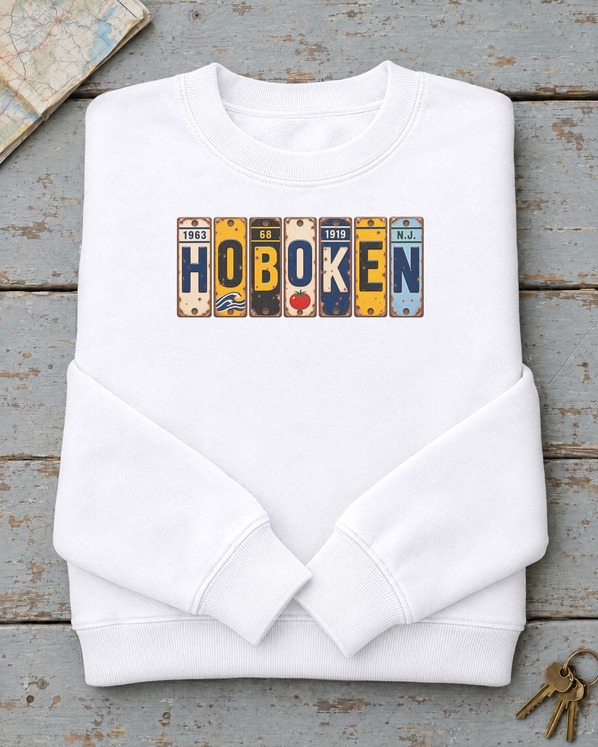 Hoboken, New Jersey vintage license plate sweatshirt in White