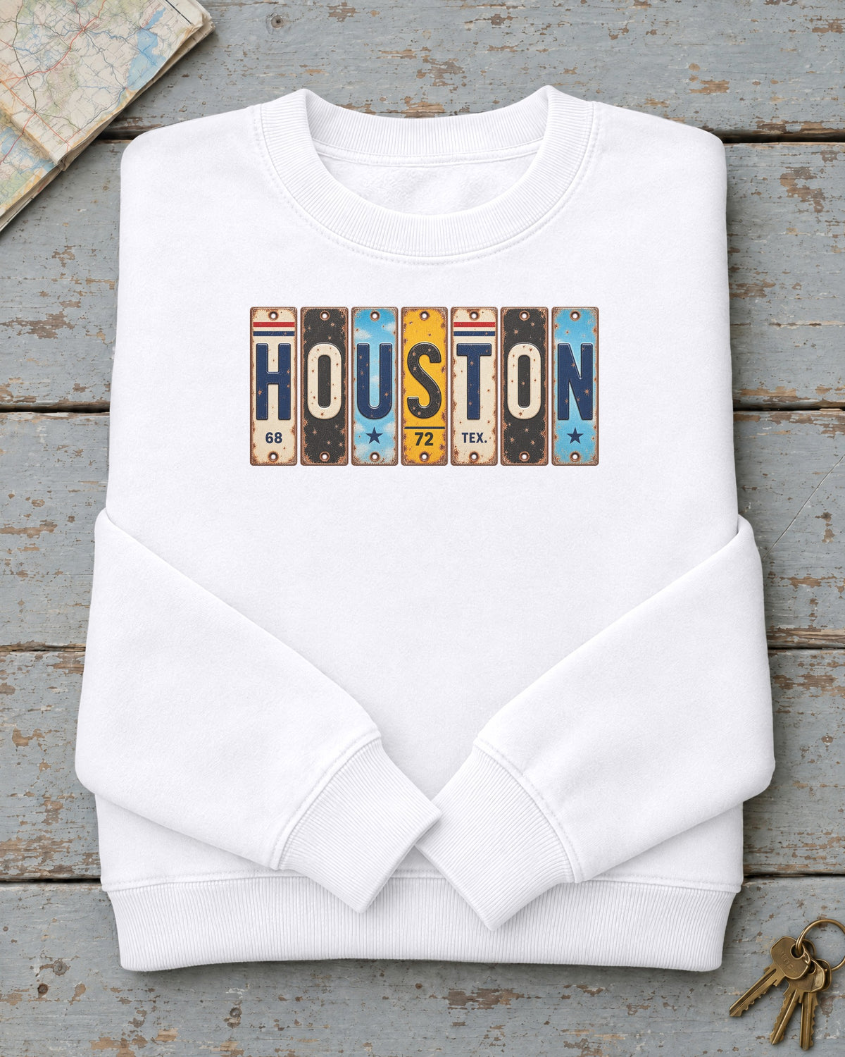 Houston, Texas vintage license plate sweatshirt in White