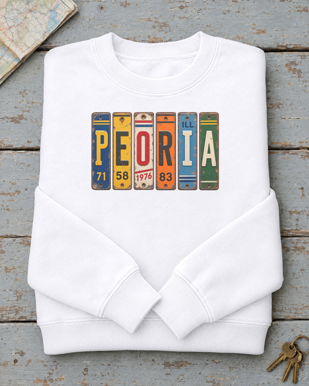 Peoria, Illinois vintage license plate sweatshirt in White