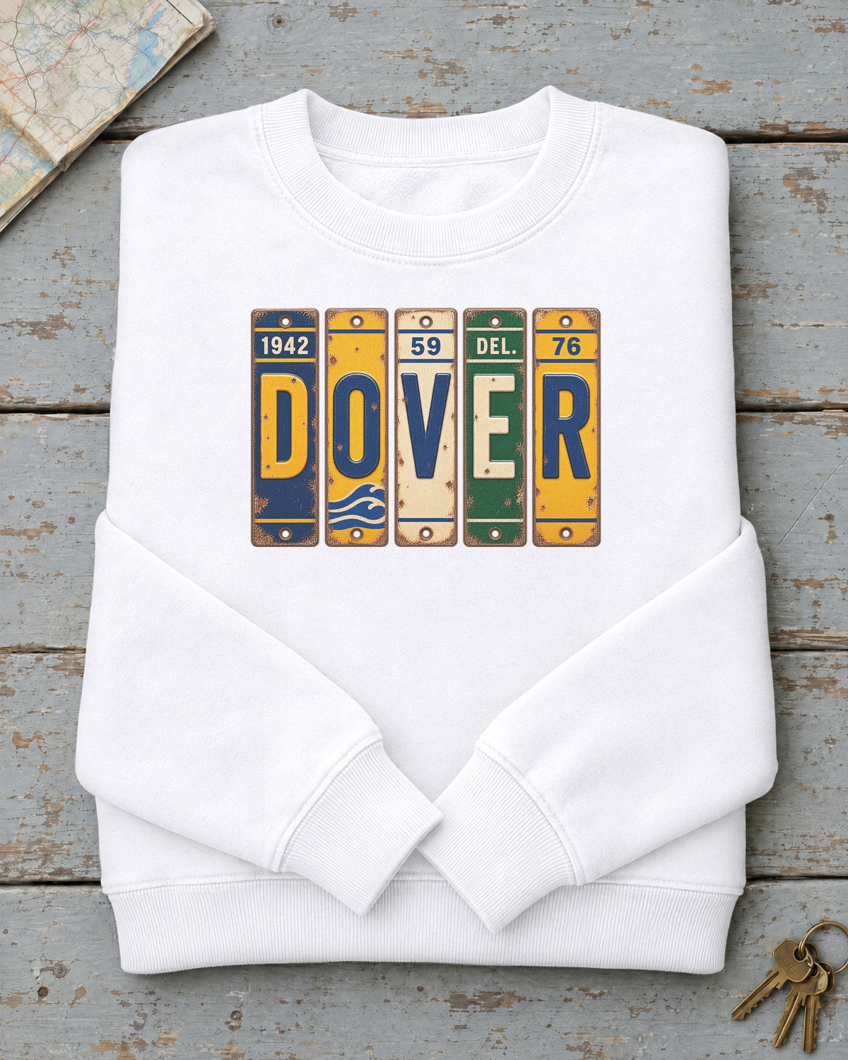 Dover, Delaware vintage license plate sweatshirt in White