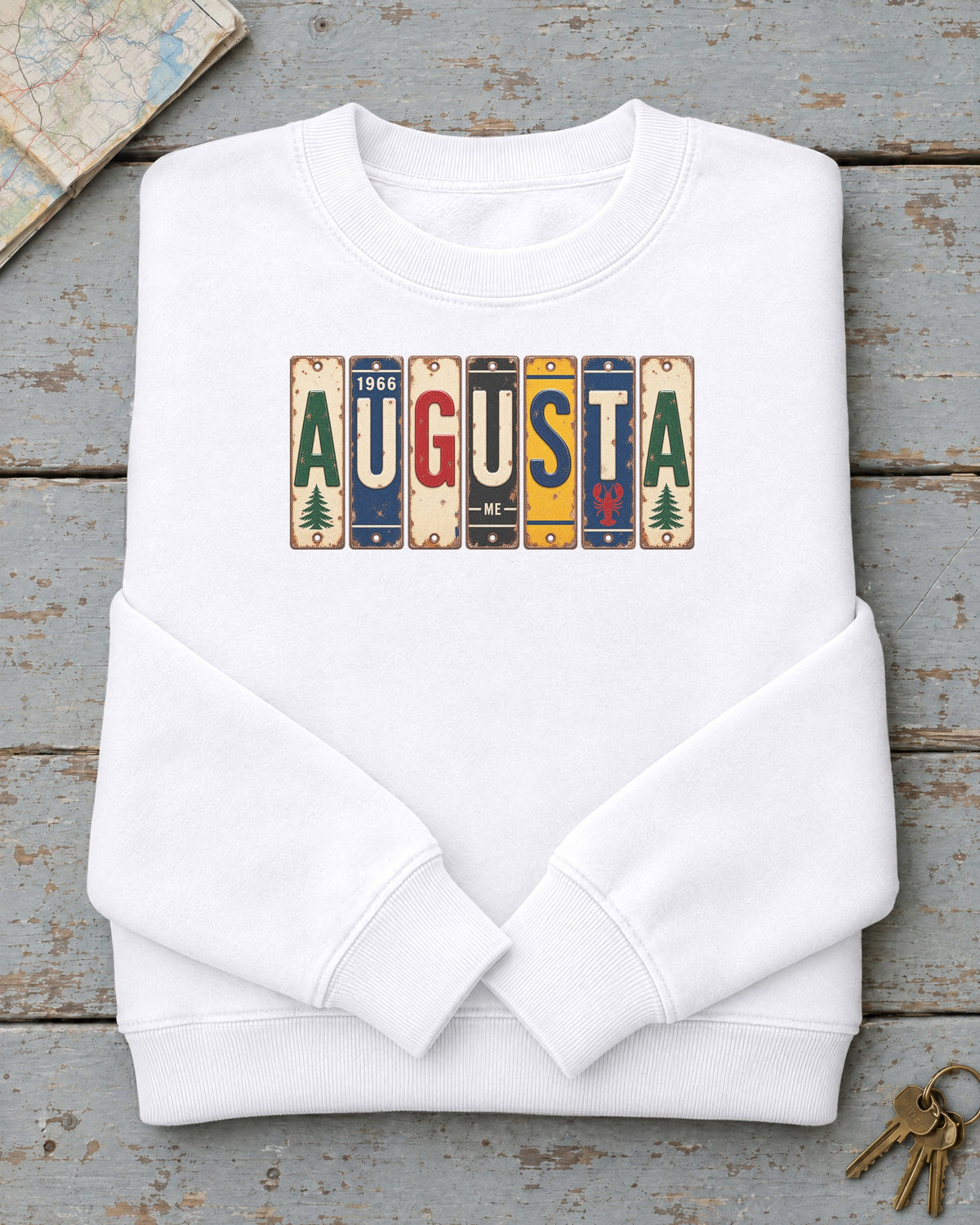 Augusta, Maine vintage license plate sweatshirt in White