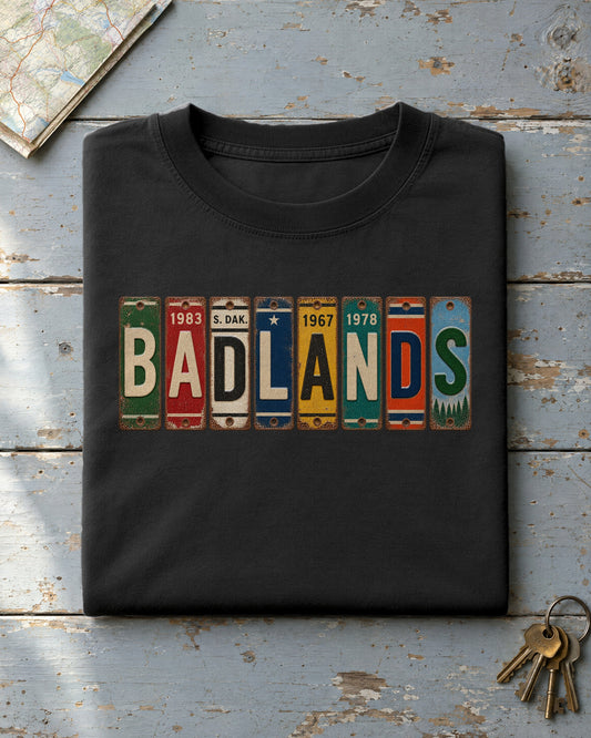 Badlands, South Dakota vintage license plate t-shirt in Black