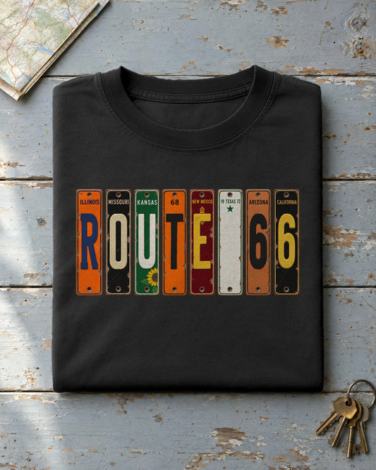 Route 66 vintage license plate t-shirt in Black
