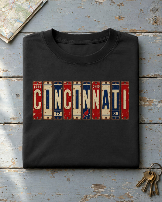 Cincinnati, Ohio vintage license plate t-shirt in Black