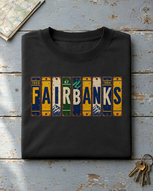 Fairbanks, Alaska vintage license plate t-shirt in Black