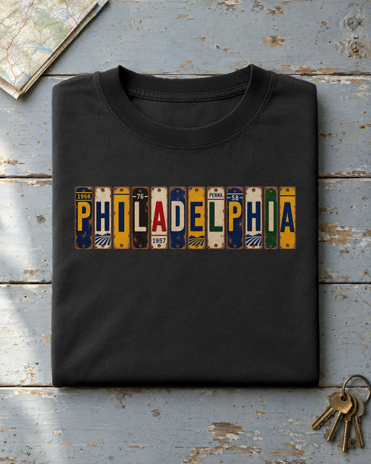 Philadelphia, Pennsylvania vintage license plate t-shirt in Black