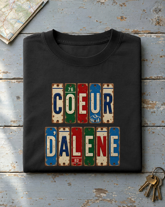 Coeur d'Alene, Idaho vintage license plate t-shirt in Black