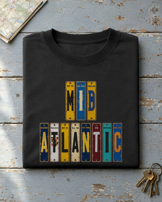 Mid-Atlantic vintage license plate t-shirt in Black