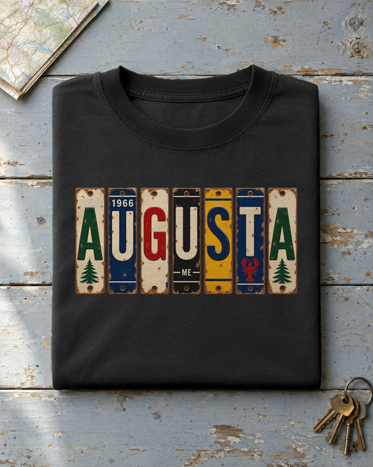 Augusta, Maine vintage license plate t-shirt in Black
