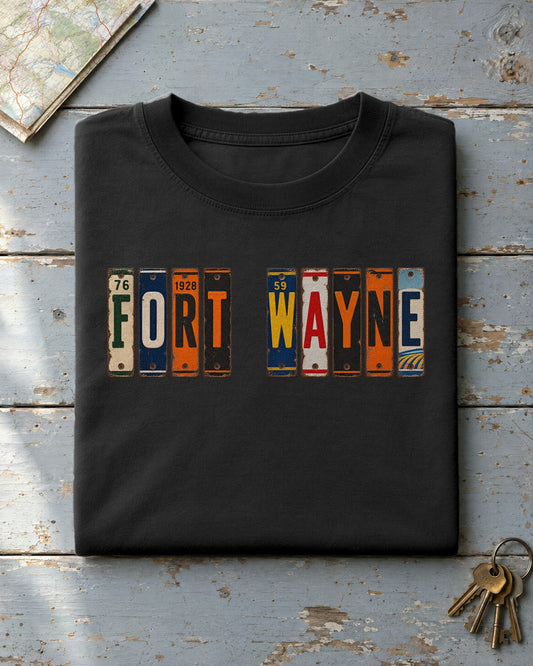 Fort Wayne, Indiana vintage license plate t-shirt in Black