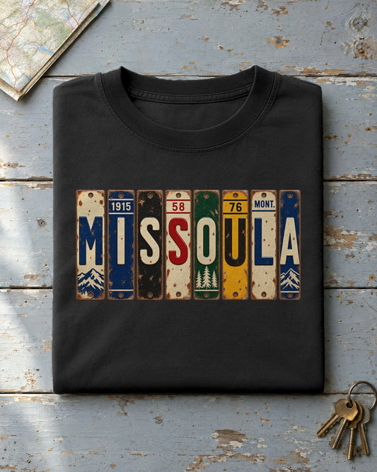 Missoula, Montana vintage license plate t-shirt in Black
