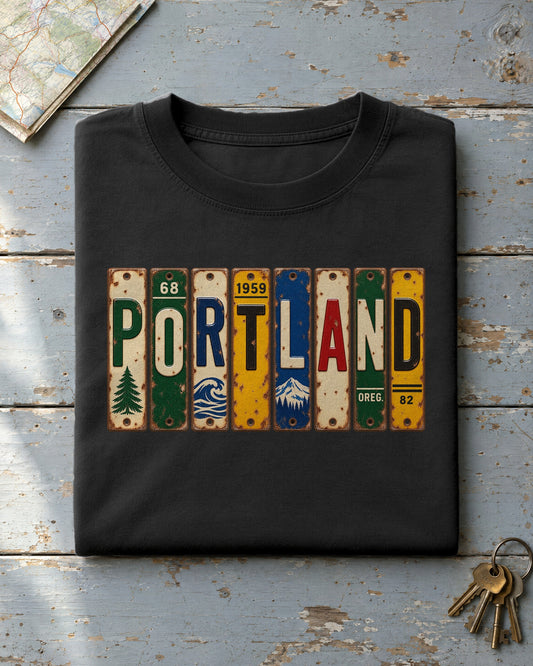 Portland, Oregon vintage license plate t-shirt in Black