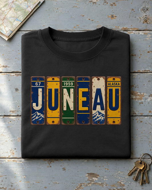 Juneau, Alaska vintage license plate t-shirt in Black