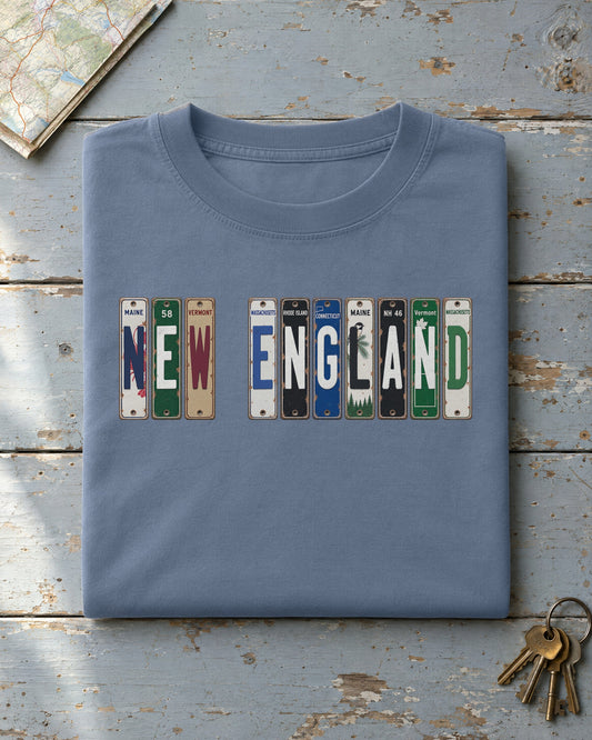 New England vintage license plate t-shirt in Blue Jean