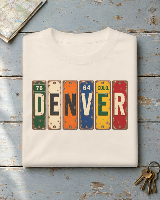 Denver, Colorado vintage license plate t-shirt in Ivory
