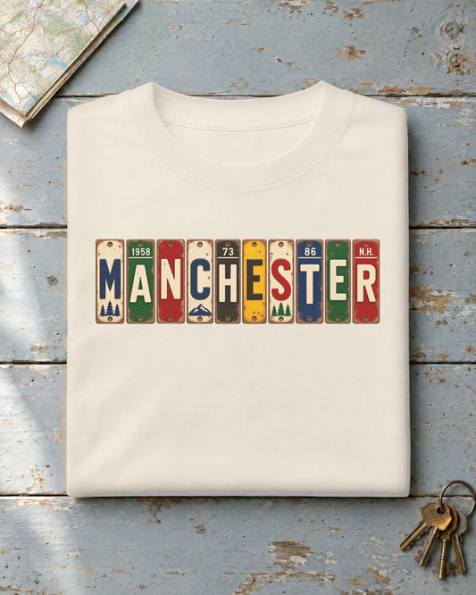 Manchester, New Hampshire vintage license plate t-shirt in Ivory