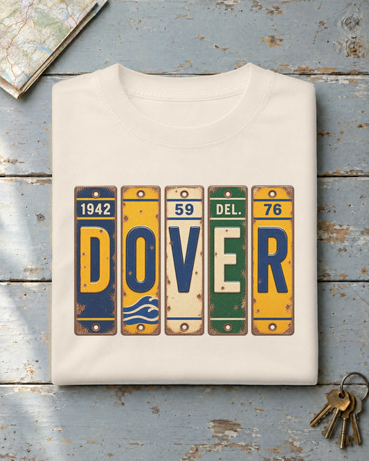 Dover, Delaware vintage license plate t-shirt in Ivory